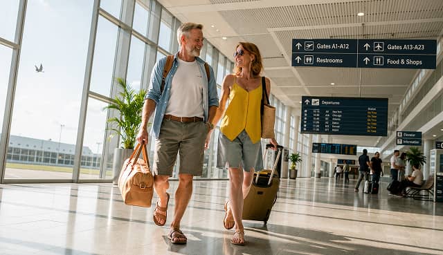 Dues persones caminant per la sala d'arribades d'un aeroport